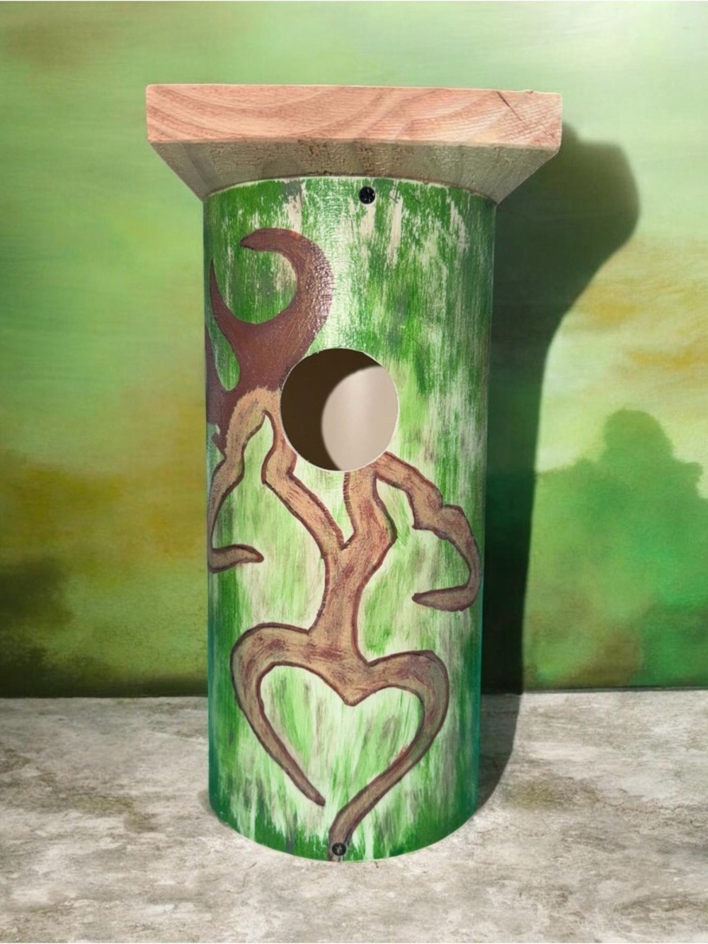 Handcrafted Hand-Painted by me! Green PVC Birdhouse with Brown Deer Heart Motif